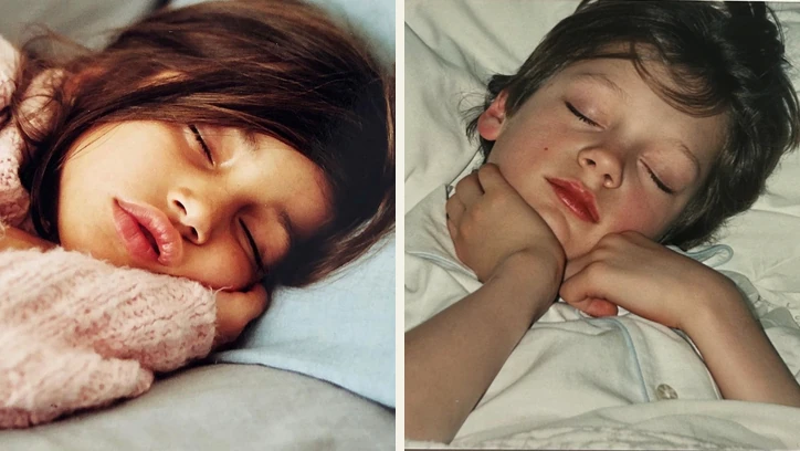 Jenna Callewaert on the left and Richard Wyndham on the right, both asleep as children.