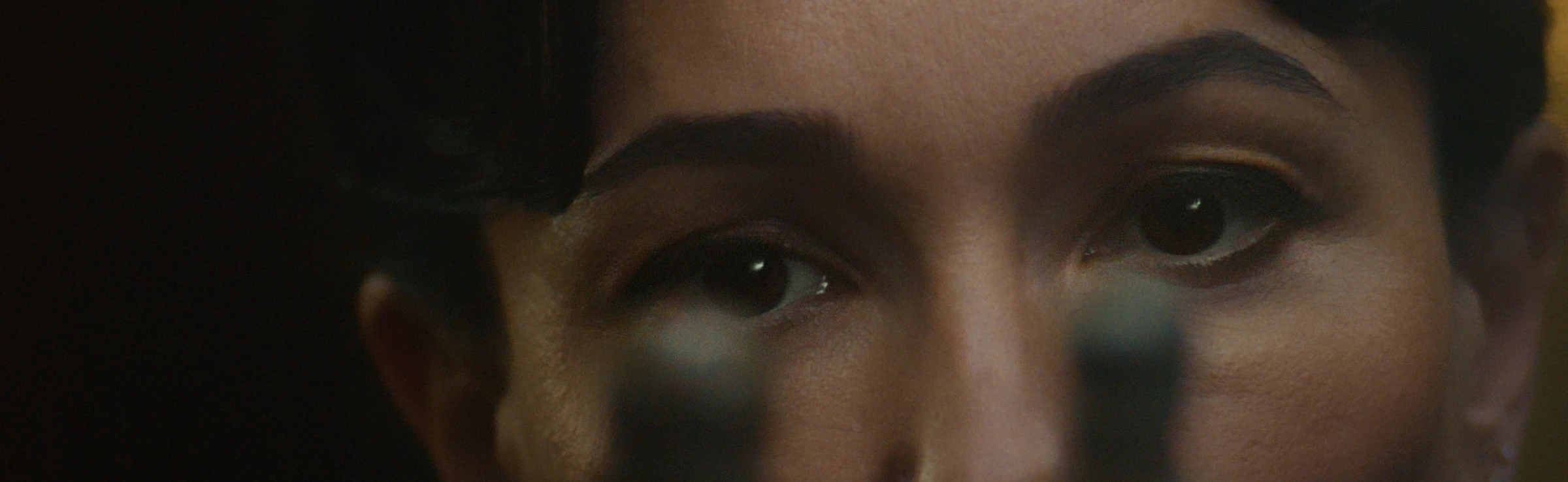 Close-up of a woman’s eyes, with two ancient figurines in the foreground.